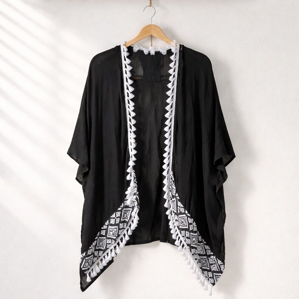 Vince Camuto OS Women Black White Tassel Embroidered Kimono Wrap Cardigan NWT